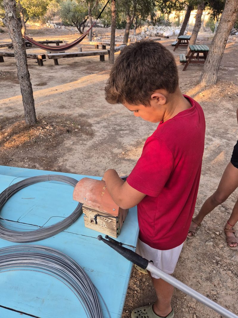 Alec montando una casita con una teja como tejado