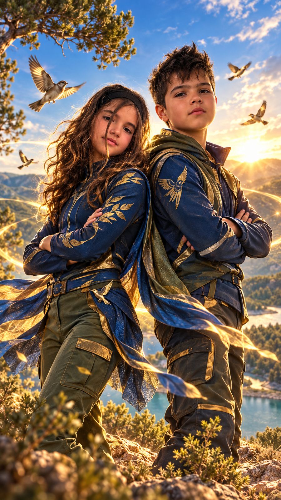 Shara y Alec rodeados de gorriones al atardecer